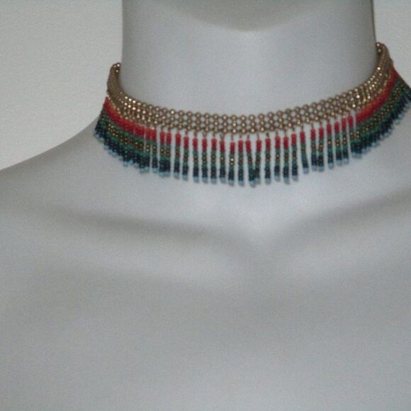 Nordstrom Treasure & Bond Seedbead Multi Color Gold Fringe Choker Necklace NWT 8 - Picture 4 of 6